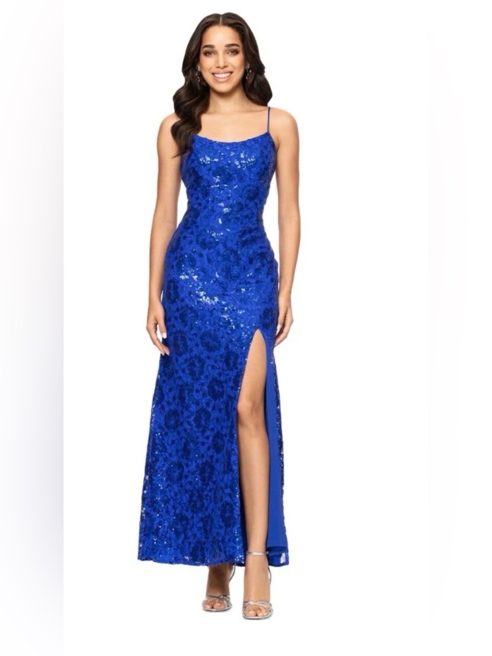 Royal Blue Sequin Slipwith Side Slit Betsy & Adam Women's Maxi Dress